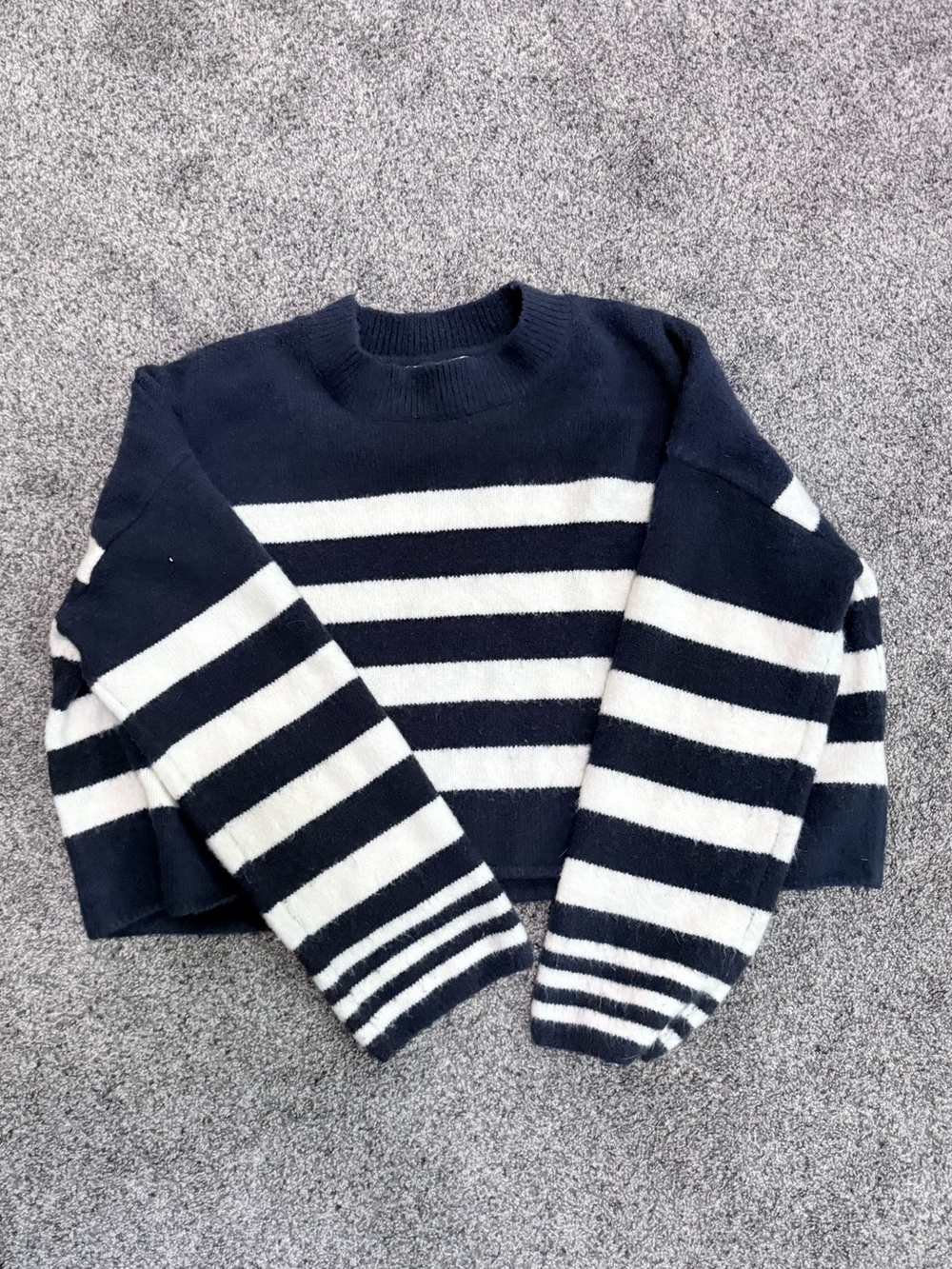 Women’s Navy and White Striped Crewneck Cropped Sweater